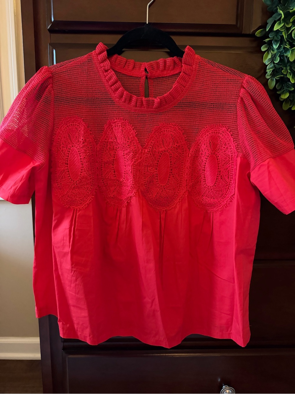 Women’s Red Embroidered Mesh Yoke Top